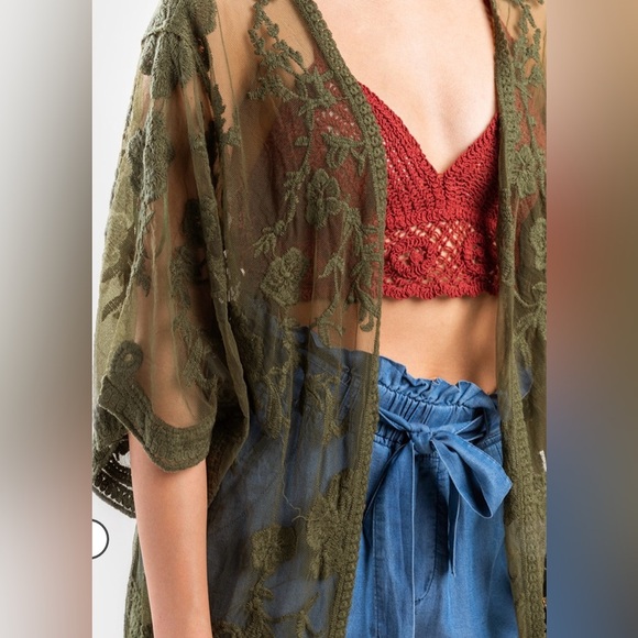 Sheer scalloped lace Olive Green Kimono or swim suit cover up - Picture 3 of 10